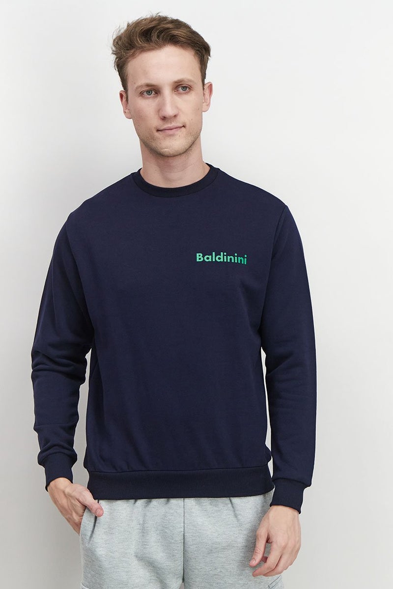 Baldinini Men Crew Neck Brand Logo Long Sleeves Sweatshirt, Navy Blue and Forest - Image 1