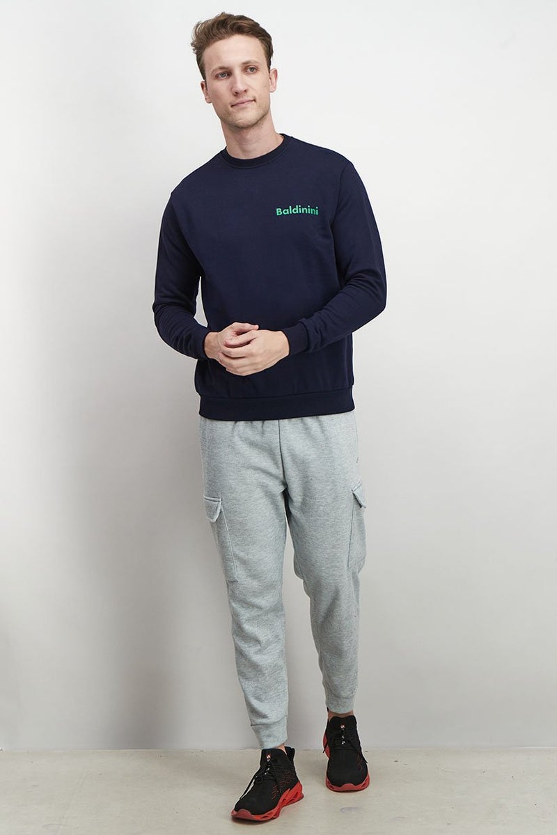 Baldinini Men Crew Neck Brand Logo Long Sleeves Sweatshirt, Navy Blue and Forest - Image 3