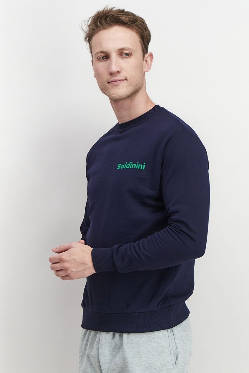 Baldinini Men Crew Neck Brand Logo Long Sleeves Sweatshirt, Navy Blue and Forest - Image 4