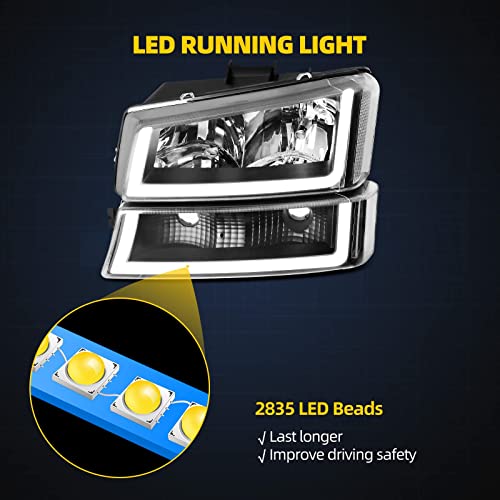 DWVO Headlight Assembly Compatible with 2003-2006 Chevy Avalanche Silverado 1500 1500HD 2500 2500HD 3500/2007 Chevrolet Silverado Classic Pickup Headlamp Black Housing Clear Reflector Lens (LED DRL) - Image 5