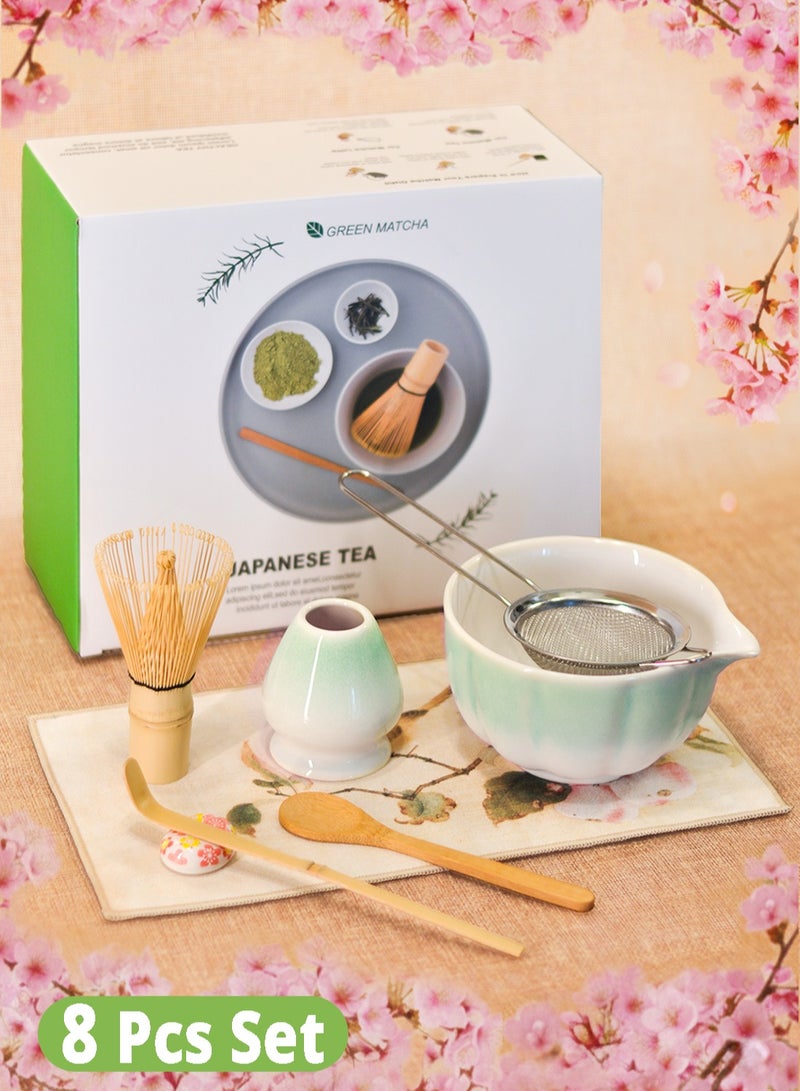 مجموعة ماتشا مكونة من 8 قطع، مجموعة خفاقة ماتشا خضراء - وعاء سيراميك متدرج الألوان مع فوهة، خفاقة وحامل من الخيزران، مغرفة من الخيزران، حامل مغرفة، ملعقة خشبية، منخل وحصيرة شاي - مجموعة ماتشا كاملة وهدية مثالية لمحبي الماتشا، مستوحاة من أزهار الكرز - Image 1