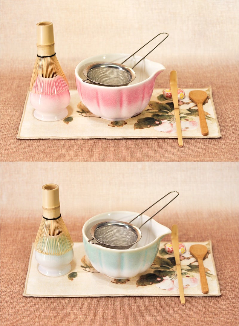 مجموعة ماتشا مكونة من 8 قطع، مجموعة خفاقة ماتشا خضراء - وعاء سيراميك متدرج الألوان مع فوهة، خفاقة وحامل من الخيزران، مغرفة من الخيزران، حامل مغرفة، ملعقة خشبية، منخل وحصيرة شاي - مجموعة ماتشا كاملة وهدية مثالية لمحبي الماتشا، مستوحاة من أزهار الكرز - Image 4