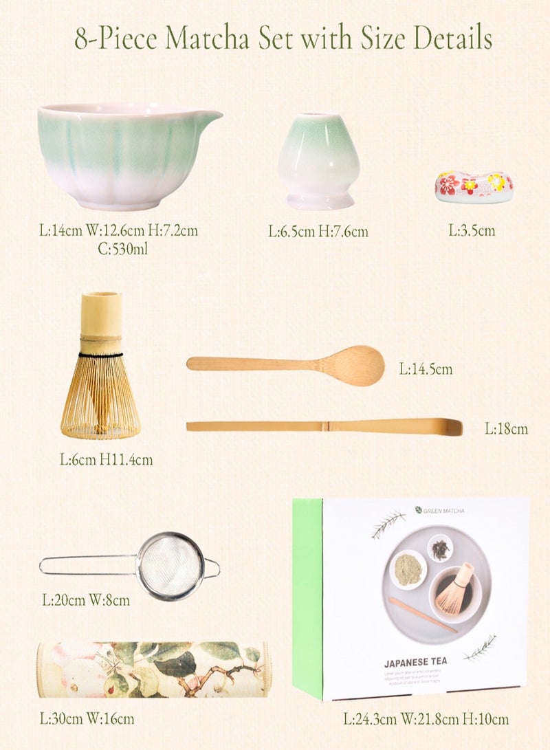 مجموعة ماتشا مكونة من 8 قطع، مجموعة خفاقة ماتشا خضراء - وعاء سيراميك متدرج الألوان مع فوهة، خفاقة وحامل من الخيزران، مغرفة من الخيزران، حامل مغرفة، ملعقة خشبية، منخل وحصيرة شاي - مجموعة ماتشا كاملة وهدية مثالية لمحبي الماتشا، مستوحاة من أزهار الكرز - Image 5