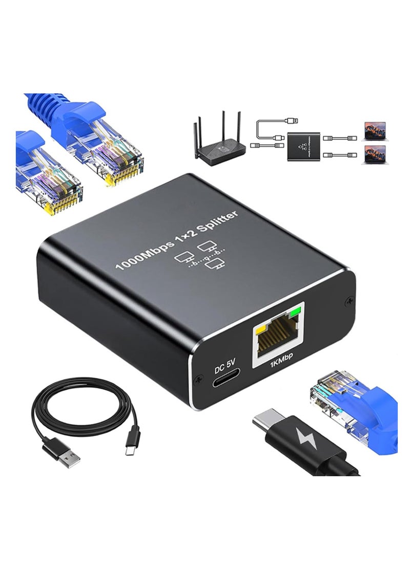 Generic 1 to 2 Ethernet Splitter, 1000Mbps RJ45 Internet Splitter, Gigabit Network Splitter with Type C Power Cable for Computer, Hub, Switch, Router, ADSL, Set-Top Box, Digital TV, etc  - Image 1