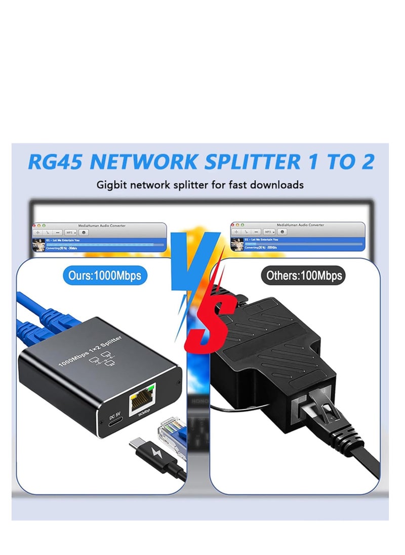 Generic 1 to 2 Ethernet Splitter, 1000Mbps RJ45 Internet Splitter, Gigabit Network Splitter with Type C Power Cable for Computer, Hub, Switch, Router, ADSL, Set-Top Box, Digital TV, etc  - Image 3