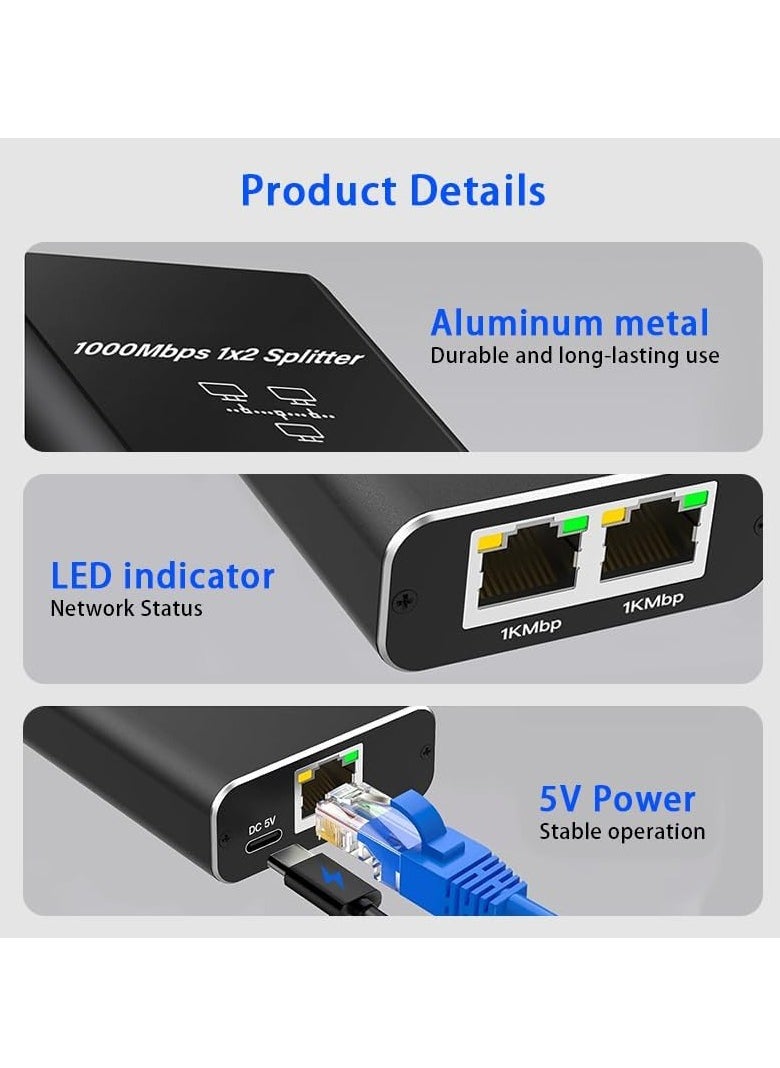 Generic 1 to 2 Ethernet Splitter, 1000Mbps RJ45 Internet Splitter, Gigabit Network Splitter with Type C Power Cable for Computer, Hub, Switch, Router, ADSL, Set-Top Box, Digital TV, etc  - Image 4