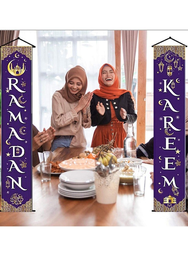 زفيف 2 PCS Ramadan Kareen Mubarak Decorations مجموعة رمضان مبارك شرفة علامة - مرحبًا بكم في اليوم الأول من رايبان عيد لافتة معلقة لزخارف الباب الأمامي الداخلي/الخارجي رمضان عيد رمضان (أرجواني) - Image 1