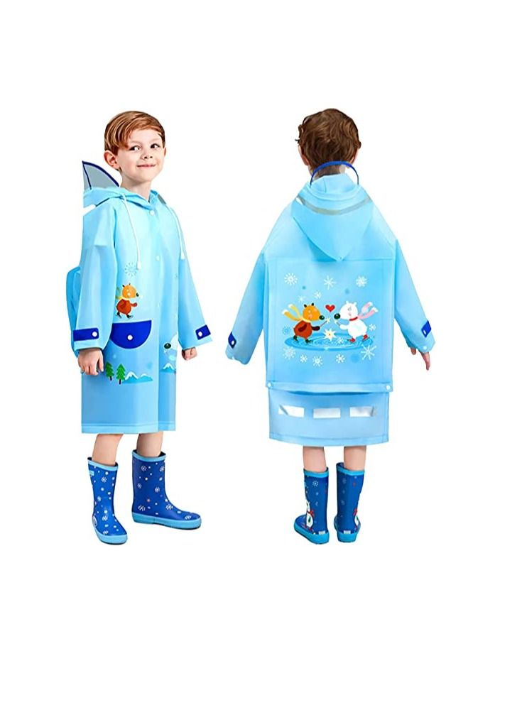 SYOSI Kids Hooded Raincoats Boys Girls Durable Waterproof Windbreaker Poncho 3D Printed Lightweight Cartoon Raincoat Children's Schoolbag Rainwear with Transparent Hat Brim Reflective Stripes BLUE  - Image 1
