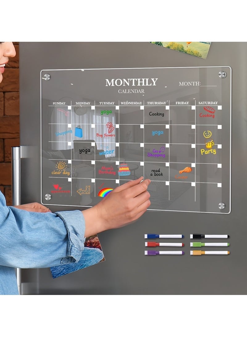 لوحة بيضاء مغناطيسية من الأكريليك للتقويم الشهري للثلاجة - لوحة تخطيط شفافة قابلة للمسح الجاف مع أقلام تحديد - منظم مطبخ مثالي للمنزل والمكتب - Image 1