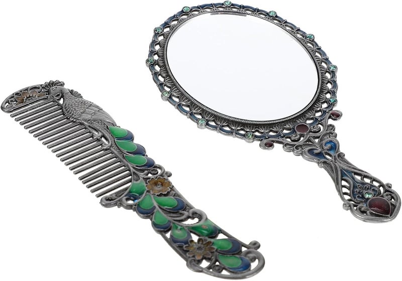 Healeved Vintage Embossed Rose Handle Makeup Mirror and Comb Set Portable Metal Cosmetic Mirror for Women Decorative Handheld Suitable for Travel and Daily Use Random Color - Image 1