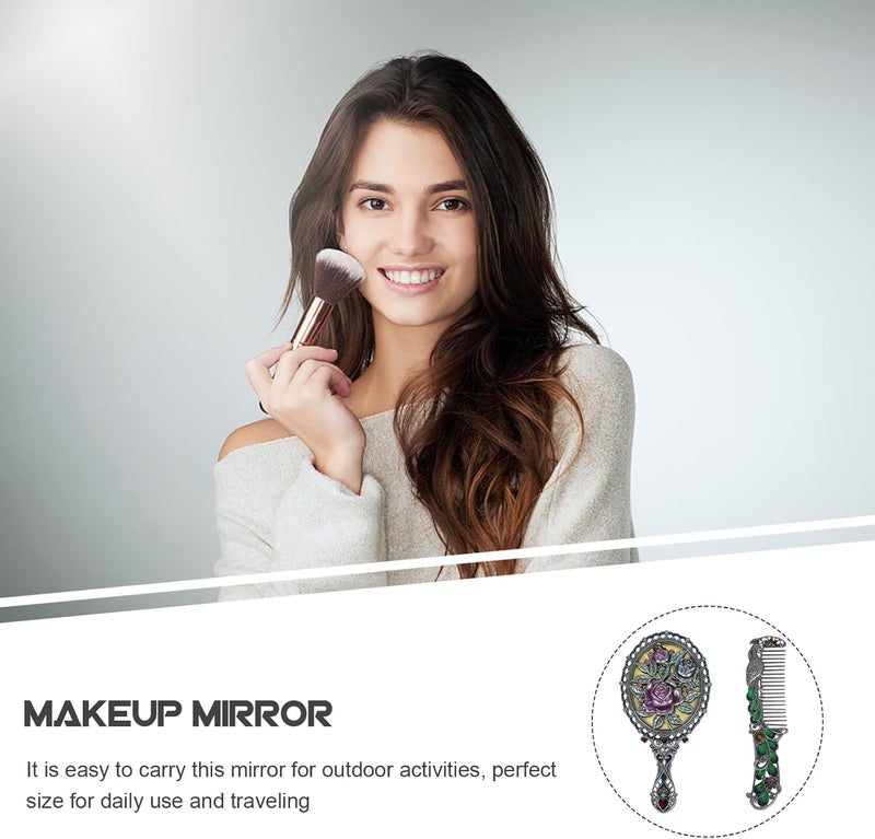 Healeved Vintage Embossed Rose Handle Makeup Mirror and Comb Set Portable Metal Cosmetic Mirror for Women Decorative Handheld Suitable for Travel and Daily Use Random Color - Image 3