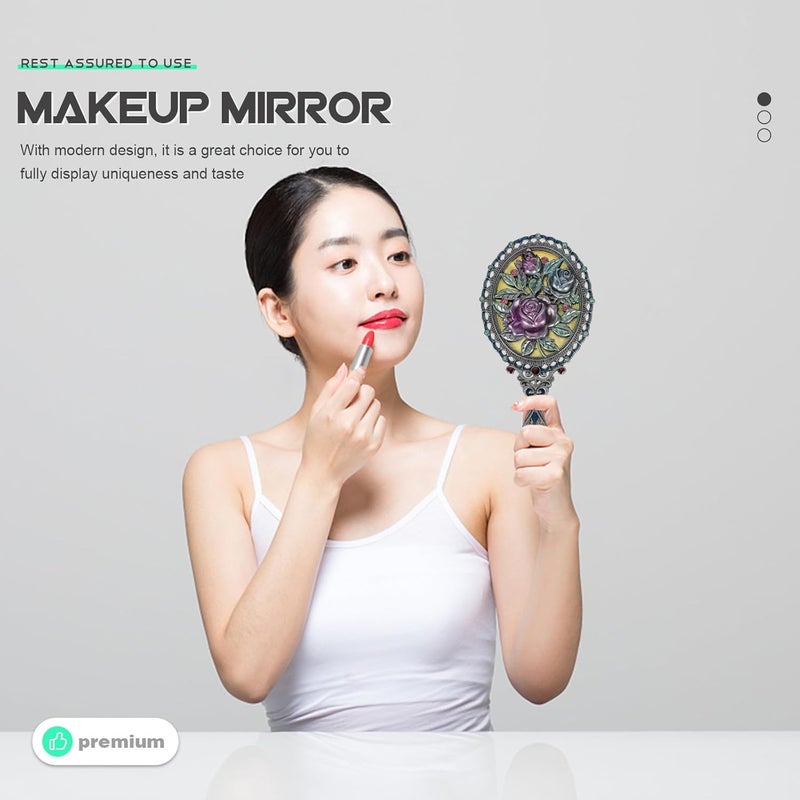 Healeved Vintage Embossed Rose Handle Makeup Mirror and Comb Set Portable Metal Cosmetic Mirror for Women Decorative Handheld Suitable for Travel and Daily Use Random Color - Image 4