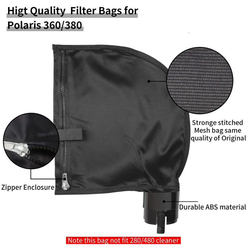 UCEDER Black 360 380 Bag Replacement for Polaris Pool Cleaner Parts, All Purpose Pool Debris Filter Bags with Anti-Rust Zipper(3 Pack) - Image 3