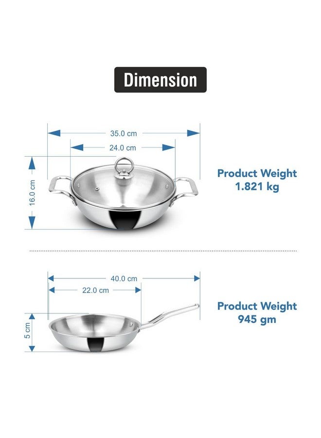Orange Stainless Steel Triply 3 pc Combo Cookware Set | (Kadai 3ltr, 24cm) & (Fry pan 1.5ltr, 22cm) with Glass lid | Induction Friendly | 2.5mm Thickness | 5Year Warranty | Silver - Image 3