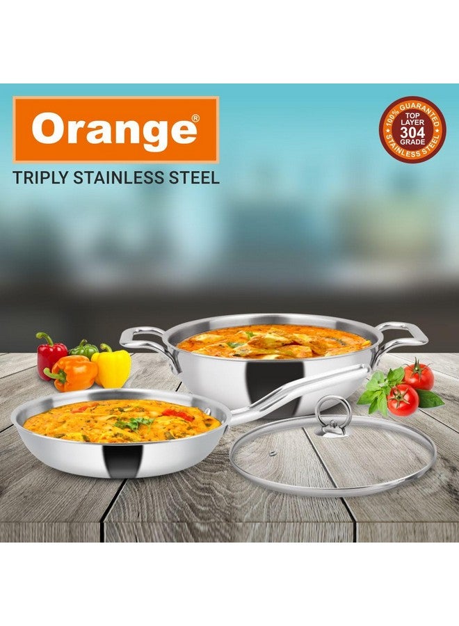 Orange Stainless Steel Triply 3 pc Combo Cookware Set | (Kadai 3ltr, 24cm) & (Fry pan 1.5ltr, 22cm) with Glass lid | Induction Friendly | 2.5mm Thickness | 5Year Warranty | Silver - Image 2