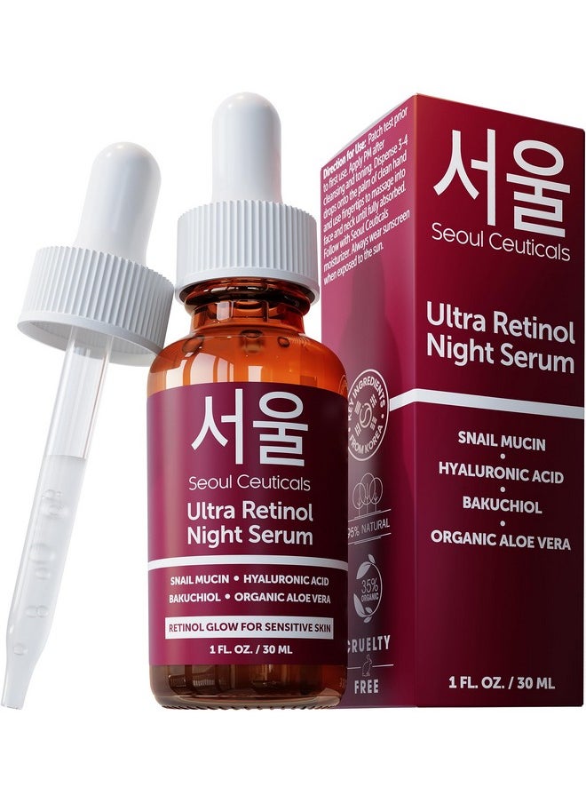 seoulceuticals - 1% Korean Retinol Night Serum For Face 97.5% Snail Mucin + Hyaluronic Acid + Bakuchiol Cruelty Free K Beauty For Sensitive Skin 1Oz - Image 1