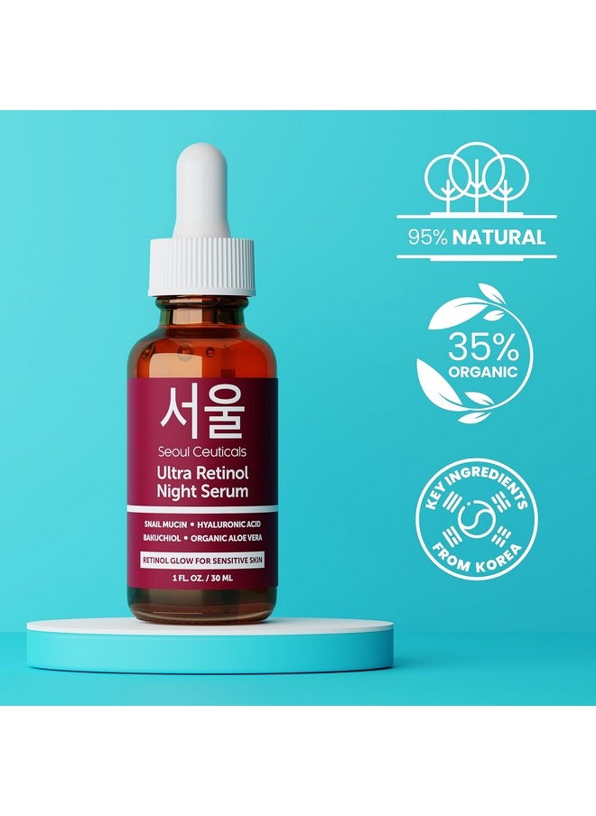 seoulceuticals - 1% Korean Retinol Night Serum For Face 97.5% Snail Mucin + Hyaluronic Acid + Bakuchiol Cruelty Free K Beauty For Sensitive Skin 1Oz - Image 1