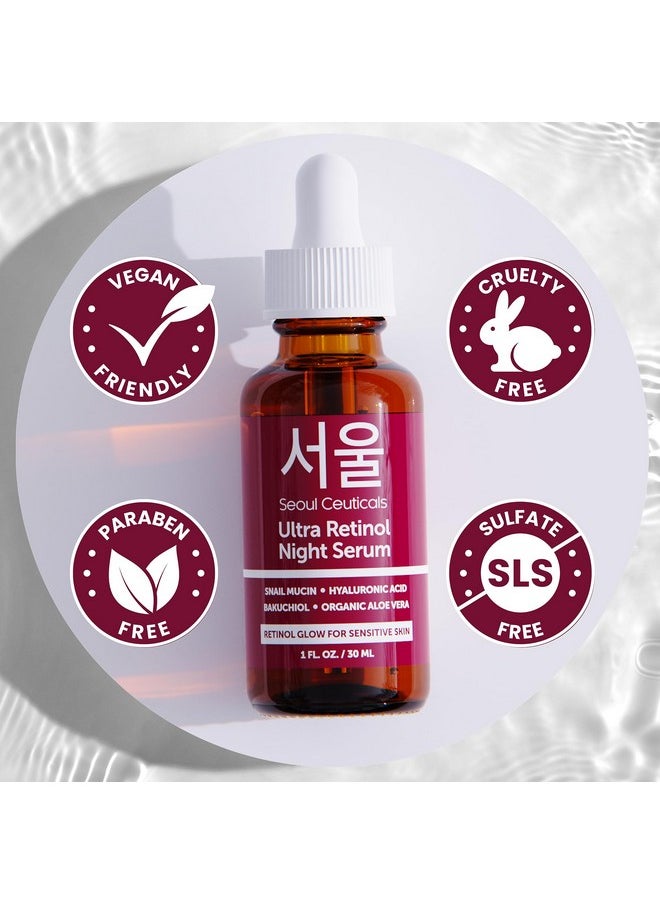 seoulceuticals - 1% Korean Retinol Night Serum For Face 97.5% Snail Mucin + Hyaluronic Acid + Bakuchiol Cruelty Free K Beauty For Sensitive Skin 1Oz - Image 1