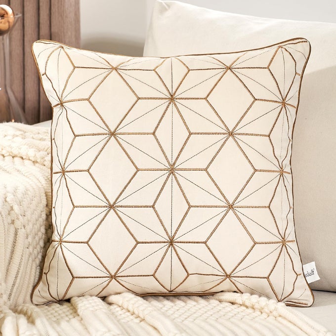 White Velvet Pillow Cover 20 x 20 Inch Luxury Modern Square Gold Plaid Geometric Embroidery Decorative Throw Pillow Cover for Couch Living Room Bedroom