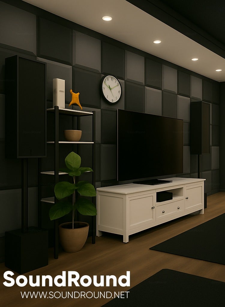 ساوند راوند ألواح الفوم الصوتي SoundRound مقاس 12×12×1 بوصة – عزل صوت احترافي بتصميم فلات – للتحكم في الصدى ومعالجة السينما المنزلية – ألواح عالية الكثافة – 12 قطعة - لون رمادي غامق - Image 3