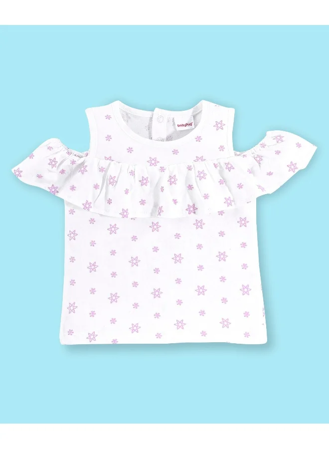 babyhug Babyhug Cold Shoulder Floral Print Top With Mesh Skirt - Lilac & White