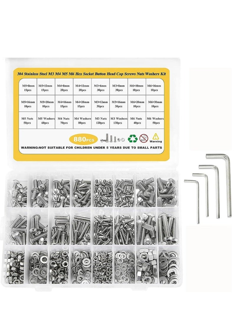 Generic - 880Pcs M6 M5 M4 M3 Screws Bolts Nuts Lock and Flat Gasket Washers Assortment Kit Stainless Steel Hex Socket on Head Bolts Nuts Washers Kit with 4Pieces Hex Keys for Free included Tool Box - Image 1