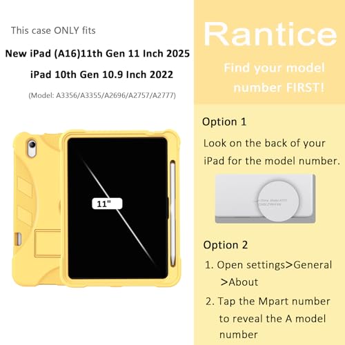 Rantice Military-Grade Tested Case for iPad (A16) 11th/10th Generation(2025/2022), Heavy Duty Shockproof Protective iPad Case with Kickstand & Pencil Holder & Child-Safe Design, Yellow - Image 2