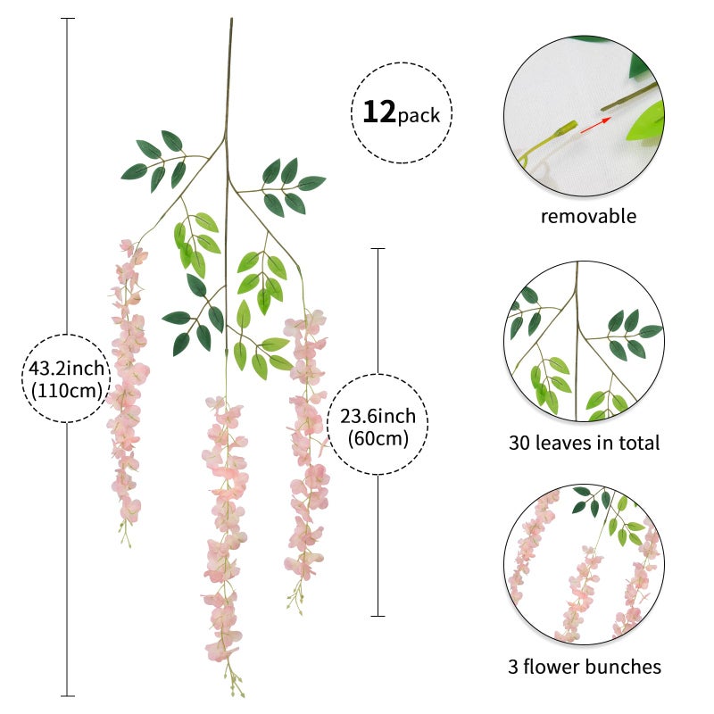 LUZOGA 12 Pack Artificial Wisteria Hanging Flowers Fake Wisteria Flower Garland Silk Vines Rattan Decor for Home Wedding Arch Wall Garden Greenery Bedroom Outdoor Office Party Decoration (Light Pink) - Image 2