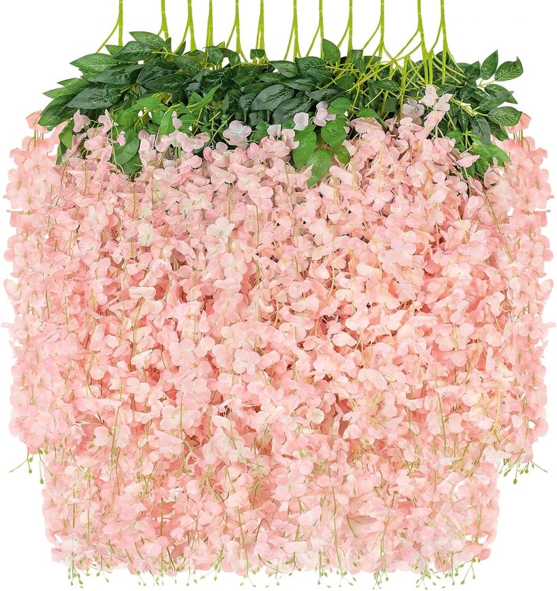 LUZOGA 12 Pack Artificial Wisteria Hanging Flowers Fake Wisteria Flower Garland Silk Vines Rattan Decor for Home Wedding Arch Wall Garden Greenery Bedroom Outdoor Office Party Decoration (Light Pink) - Image 1
