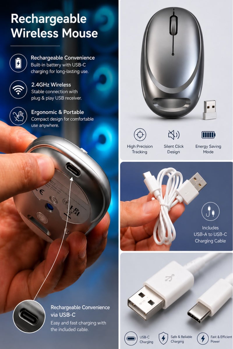 ماوس لاسلكي قابل لإعادة الشحن، شحن سريع Type-C، ماوس بصري USB بتقنية 2.4GHz، تصميم مريح، إضاءة LED، نقر صامت، ماوس كمبيوتر محمول للاستخدام مع اللابتوب والكمبيوتر وMac - Image 2