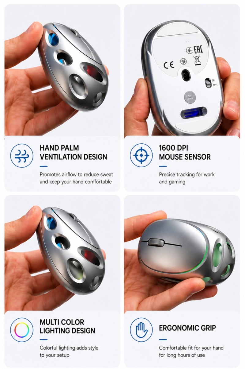 ماوس لاسلكي قابل لإعادة الشحن، شحن سريع Type-C، ماوس بصري USB بتقنية 2.4GHz، تصميم مريح، إضاءة LED، نقر صامت، ماوس كمبيوتر محمول للاستخدام مع اللابتوب والكمبيوتر وMac - Image 3