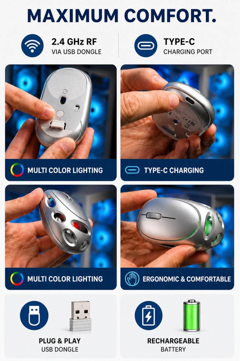 ماوس لاسلكي قابل لإعادة الشحن، شحن سريع Type-C، ماوس بصري USB بتقنية 2.4GHz، تصميم مريح، إضاءة LED، نقر صامت، ماوس كمبيوتر محمول للاستخدام مع اللابتوب والكمبيوتر وMac - Image 4