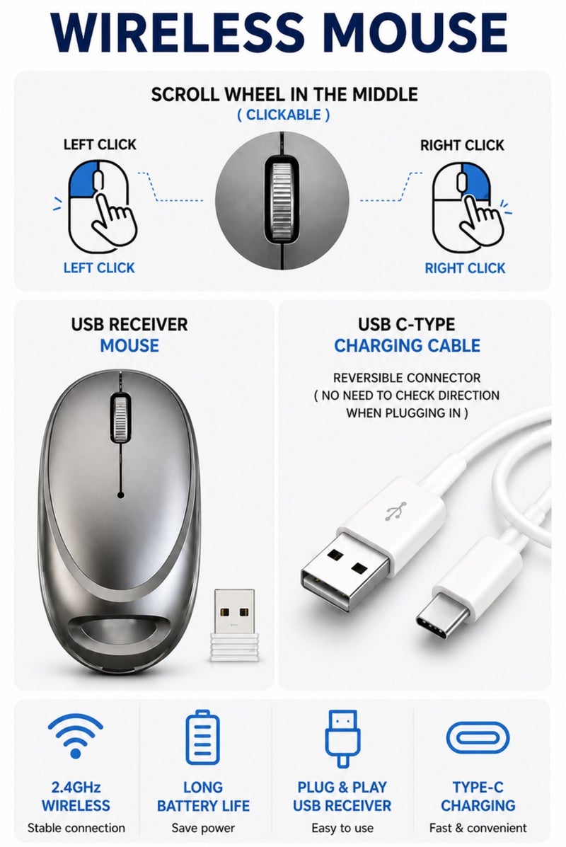 ماوس لاسلكي قابل لإعادة الشحن، شحن سريع Type-C، ماوس بصري USB بتقنية 2.4GHz، تصميم مريح، إضاءة LED، نقر صامت، ماوس كمبيوتر محمول للاستخدام مع اللابتوب والكمبيوتر وMac - Image 5