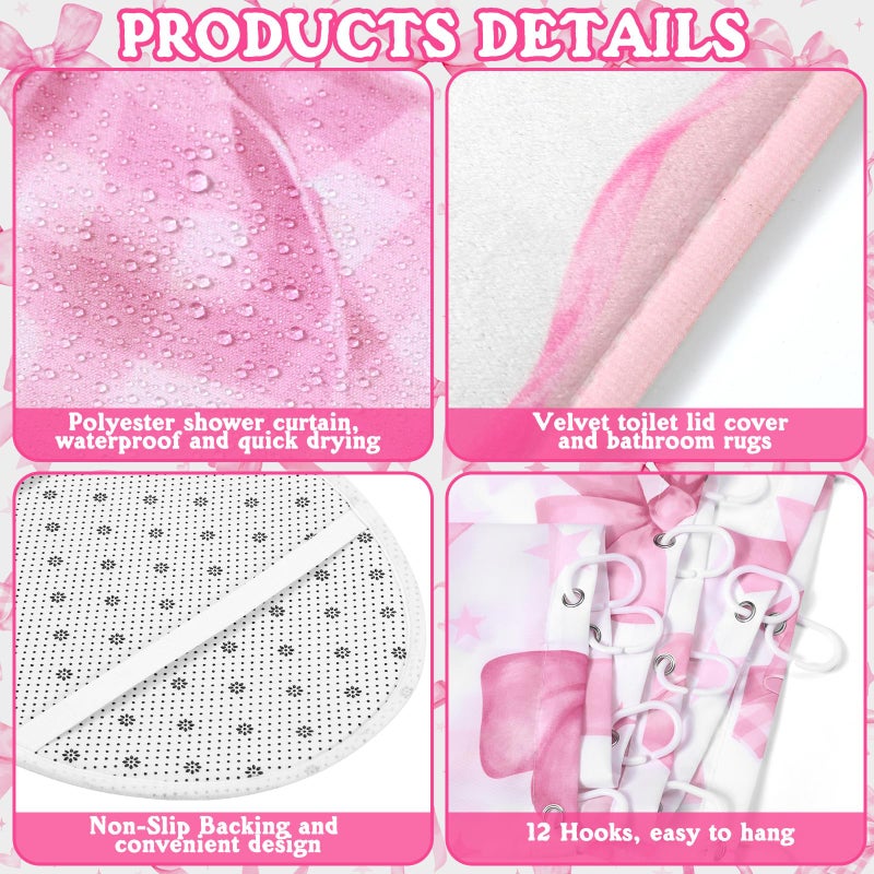 FuWeave 8 Pcs Pink Bow Shower Curtain Sets for Bathroom Decor Cute Coquette Bathroom Accessories Bow Knot Aesthetic Girly Shower Curtain Sets with Towels Carpet Bath Mat Toilet Rugs and 12 Hooks - Image 3