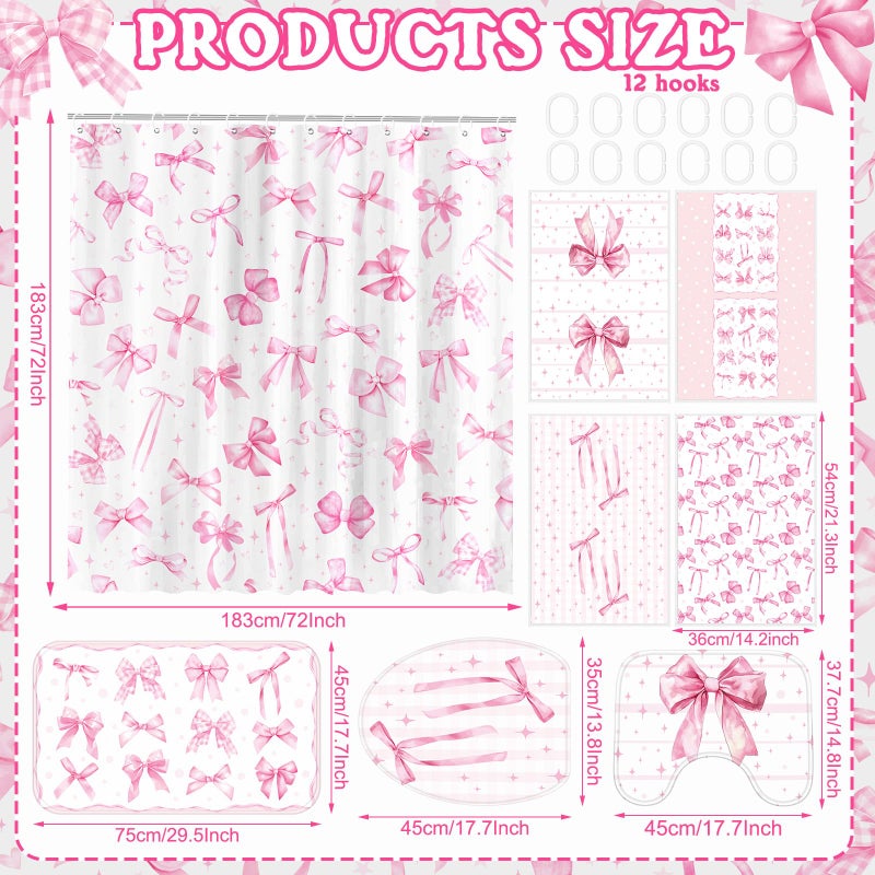 FuWeave 8 Pcs Pink Bow Shower Curtain Sets for Bathroom Decor Cute Coquette Bathroom Accessories Bow Knot Aesthetic Girly Shower Curtain Sets with Towels Carpet Bath Mat Toilet Rugs and 12 Hooks - Image 2