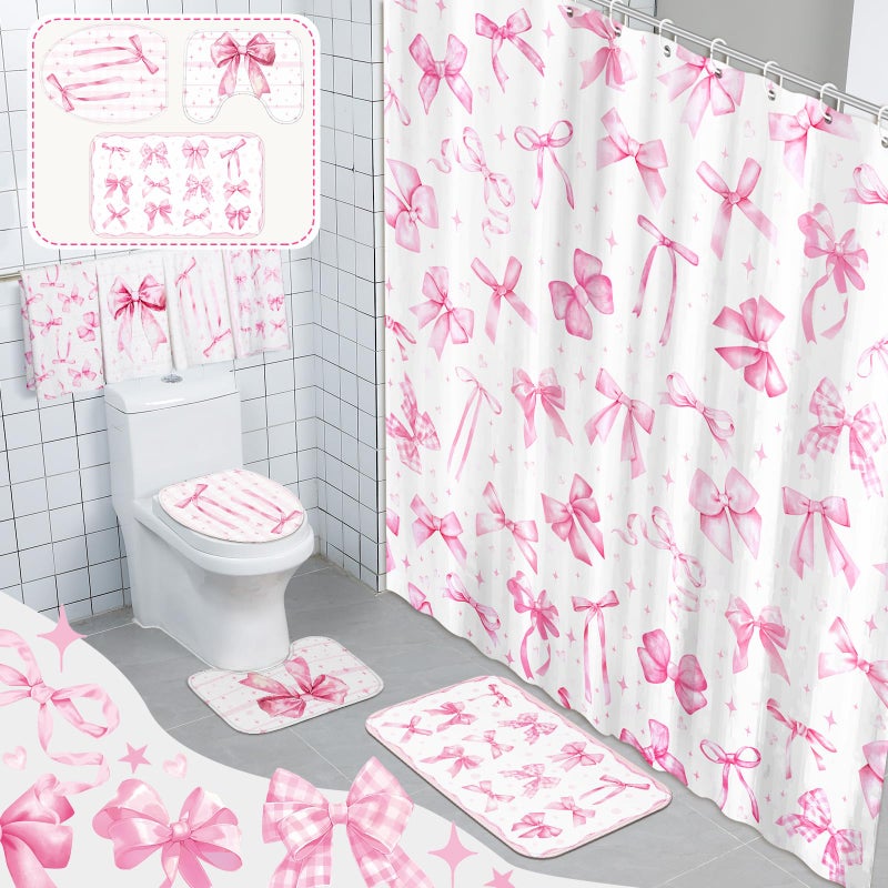FuWeave 8 Pcs Pink Bow Shower Curtain Sets for Bathroom Decor Cute Coquette Bathroom Accessories Bow Knot Aesthetic Girly Shower Curtain Sets with Towels Carpet Bath Mat Toilet Rugs and 12 Hooks - Image 1