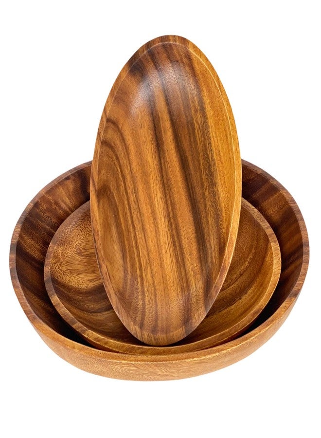 WRIGHTMART Oval Acacia Wood Serving Bowl Set of 3, Handcrafted, Rustic, Durable, Sustainably Sourced, Salad or Fruit Bowl for Kitchen Counter, Decorative Tabletop Centrepiece, 1 Large, 2 Small Bowl - Image 1