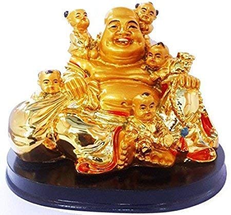 RIPE INDIA Porcelain Fantasy Feng Shui Laughing Buddha Showpiece With 5 Children For Health Wealth And Happiness (13 Cm Golden) - Image 3