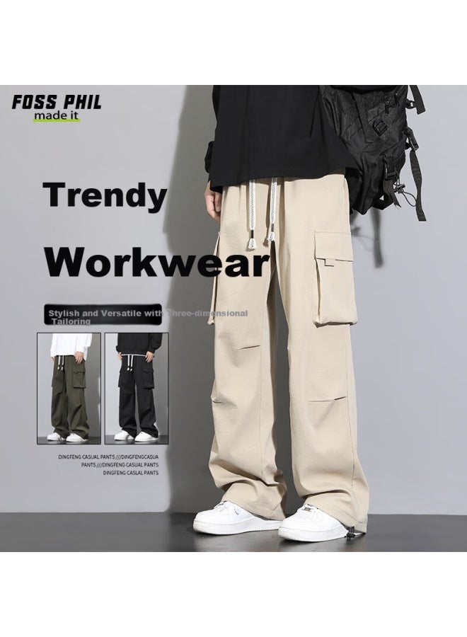 Foss Phil Men's Casual Wide Leg Loose Multi-pocket Brand Straight-leg All-match Work Pants Fpk55 Khaki 3XL - Image 1
