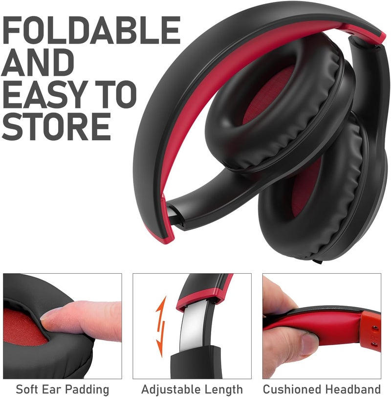 FosPower Kids Headphones with 3.5mm Laced Cables, Children & Teens Over The Ear Foldable Adjustable Headset w/Built-in Mic for Smartphones/PC/Tablet/Laptop/School (Max Volume 85dB) - Black/Red - Image 5