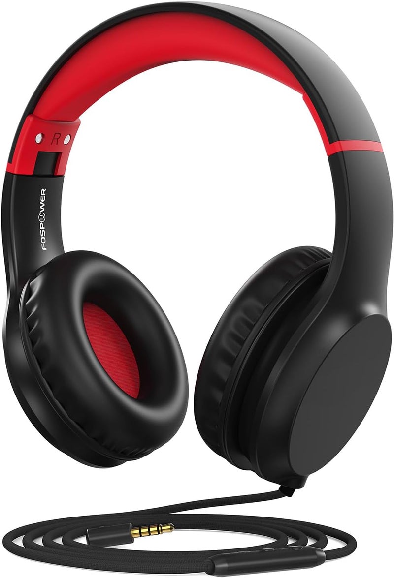FosPower Kids Headphones with 3.5mm Laced Cables, Children & Teens Over The Ear Foldable Adjustable Headset w/Built-in Mic for Smartphones/PC/Tablet/Laptop/School (Max Volume 85dB) - Black/Red - Image 1