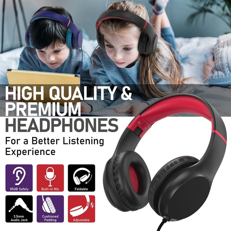 FosPower Kids Headphones with 3.5mm Laced Cables, Children & Teens Over The Ear Foldable Adjustable Headset w/Built-in Mic for Smartphones/PC/Tablet/Laptop/School (Max Volume 85dB) - Black/Red - Image 2