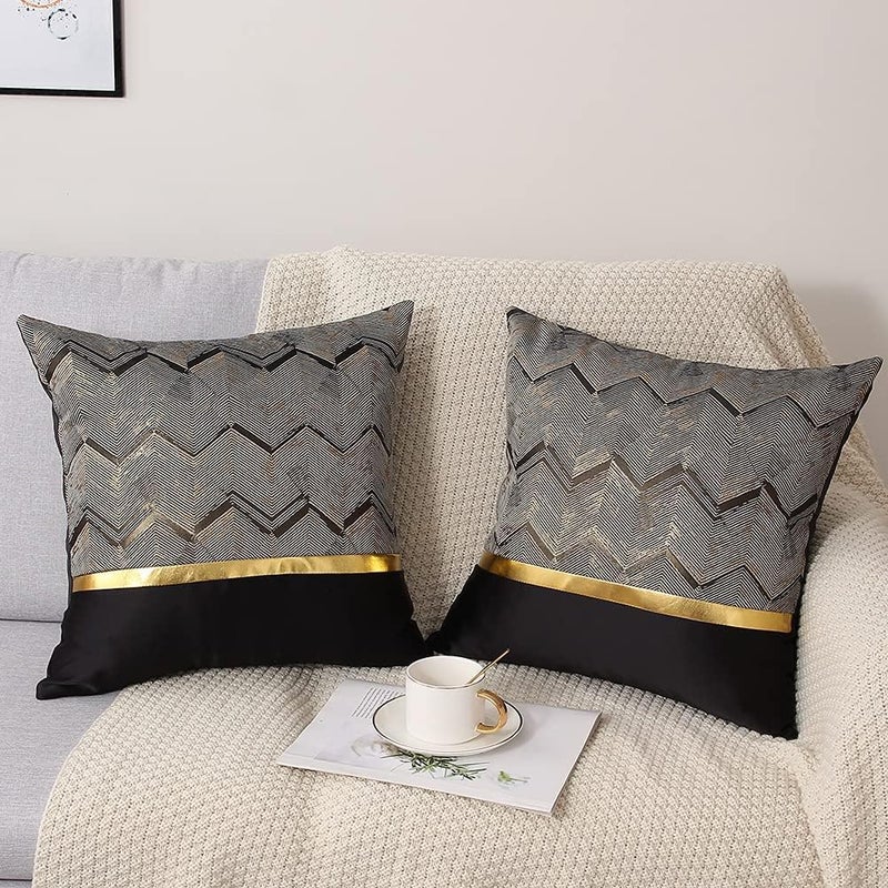 Coeufuedy أغطية وسائد زخرفية مقاس 20×20 بوصة، لون أسود وذهبي، جلد، خطوط، ترقيع، جاكار، كيس وسادة فاخر، غطاء وسادة مربع حديث فاخر للأريكة والأرائك وغرفة المعيشة وغرفة النوم، طقم من قطعتين - Image 2