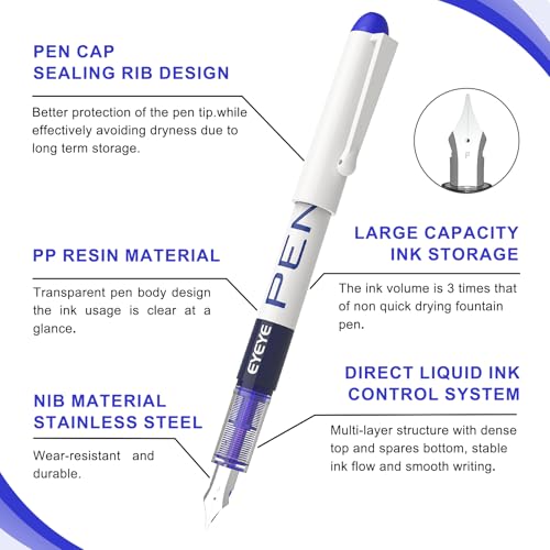 EYEYE Fountain Pens for Writing, 8 Pack Assorted Colors Fine Point Disposable Fountain Pens Stainless Steel Nib, Smooth Writing for Journaling, Drafting, Sketching, Doodling & Gifts - Image 3