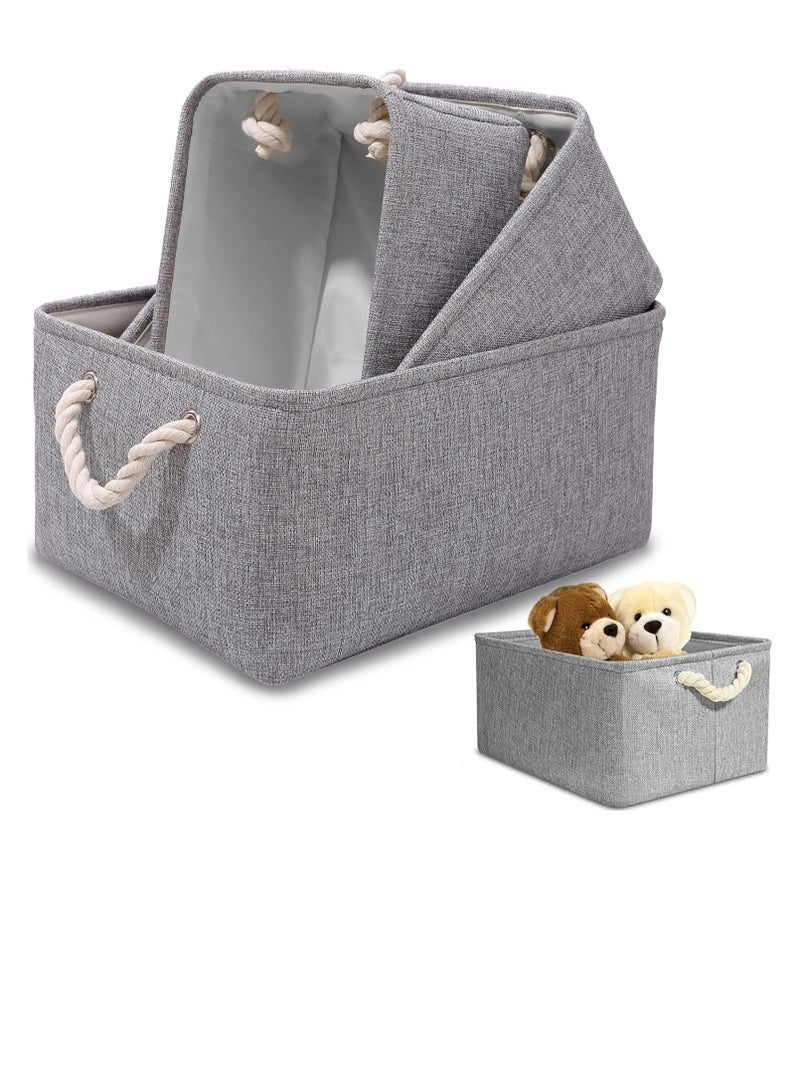 Beauenty 3Pcs Fabric Storage Basket : Foldable Large Linen Storage Bin with Cotton Rope Handle Fabric Storage Cubes Closet Organizer for Home Nursery Shelves Clothing Toys Books Gift Decor (Grey)  - Image 1