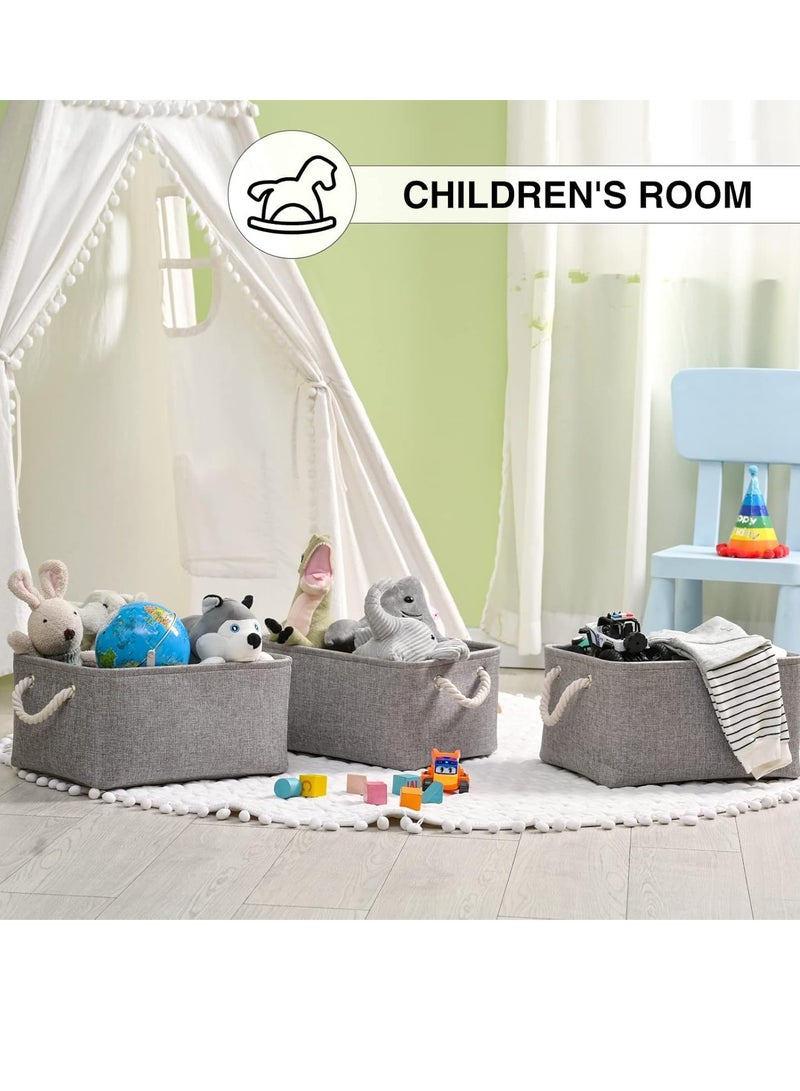 Beauenty 3Pcs Fabric Storage Basket : Foldable Large Linen Storage Bin with Cotton Rope Handle Fabric Storage Cubes Closet Organizer for Home Nursery Shelves Clothing Toys Books Gift Decor (Grey)  - Image 4