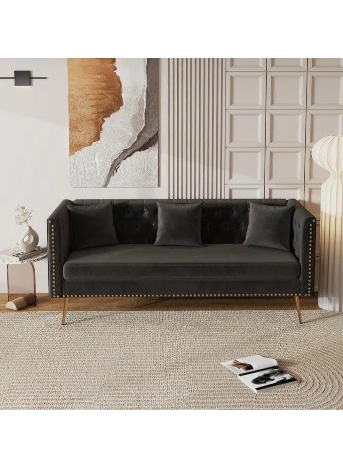 Wooden Twist Modern Sofa Elegant Velvet Seating 3 Seater Sofa Set ( Black ) - Image 1