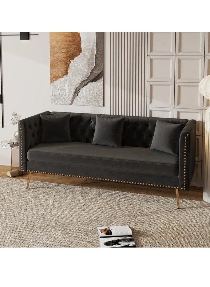 Wooden Twist Modern Sofa Elegant Velvet Seating 3 Seater Sofa Set ( Black ) - Image 2