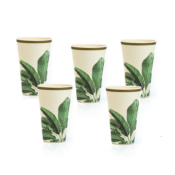 TRULY ECO SMART LIVING RETAIL Truly Eco Dinner Set Bamboo Tumbler Glass Non Toxic Reusable Dishwasher Safe Dinnerware Set EcoFriendly Biodegradable Crockery Set for Dining 400ml Green Leaves Glass Set of 5 - Image 1