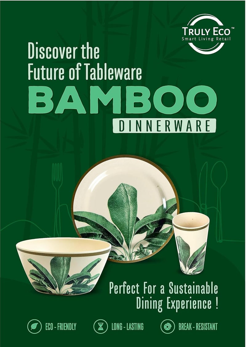 TRULY ECO SMART LIVING RETAIL Truly Eco Dinner Set Bamboo Tumbler Glass Non Toxic Reusable Dishwasher Safe Dinnerware Set EcoFriendly Biodegradable Crockery Set for Dining 400ml Green Leaves Glass Set of 5 - Image 5